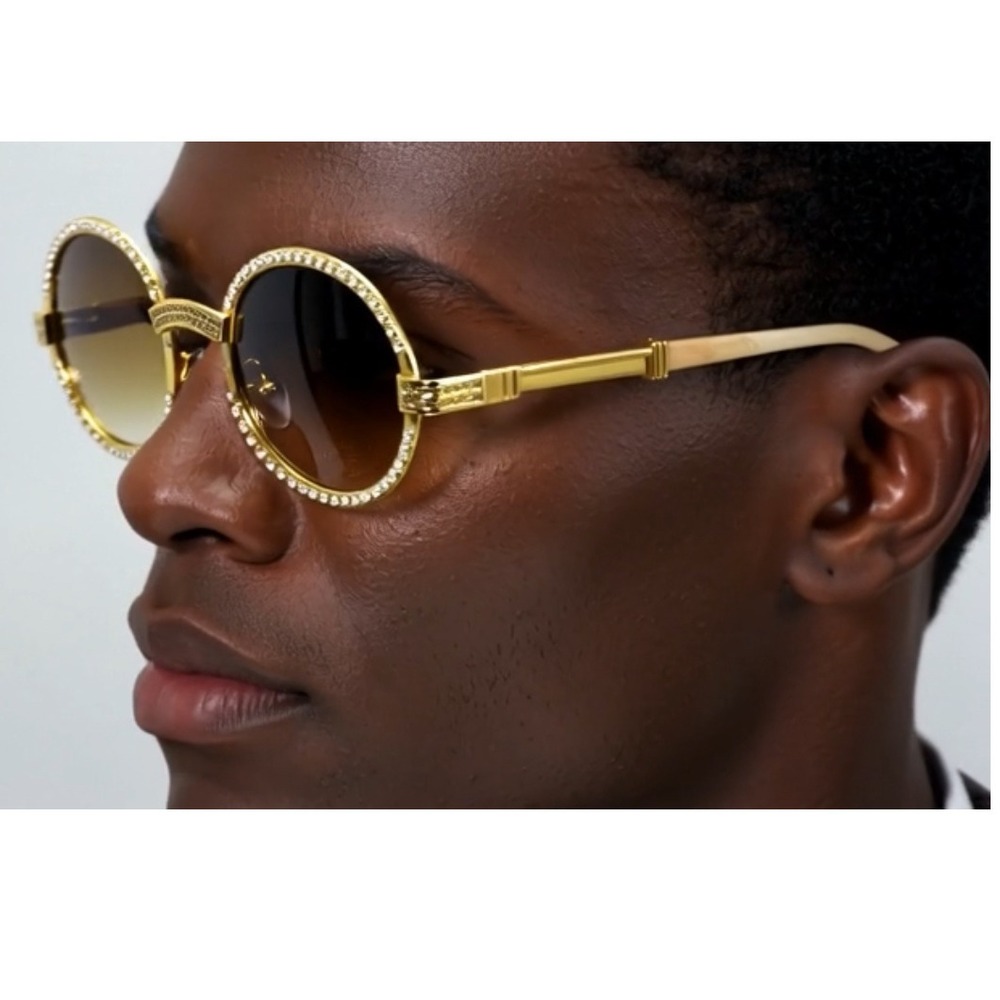 Rhinestone Sunglasses‎ Oval Frame Gold Tone Brown Lens Fashion Shades Men Iced